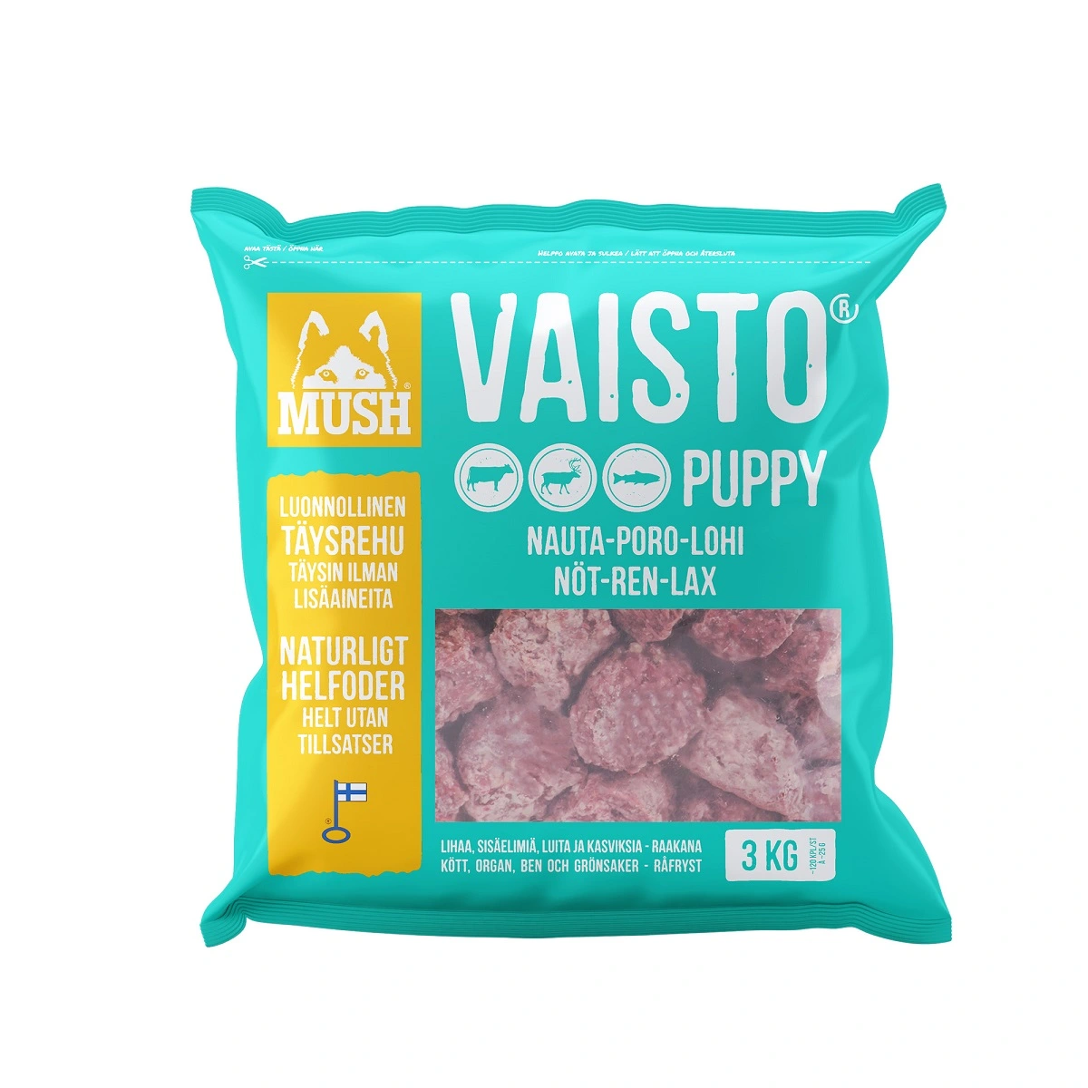 MUSH Vaisto Puppy isblå okse rensdyr laks 3 kg fuldfoder til hvalpe